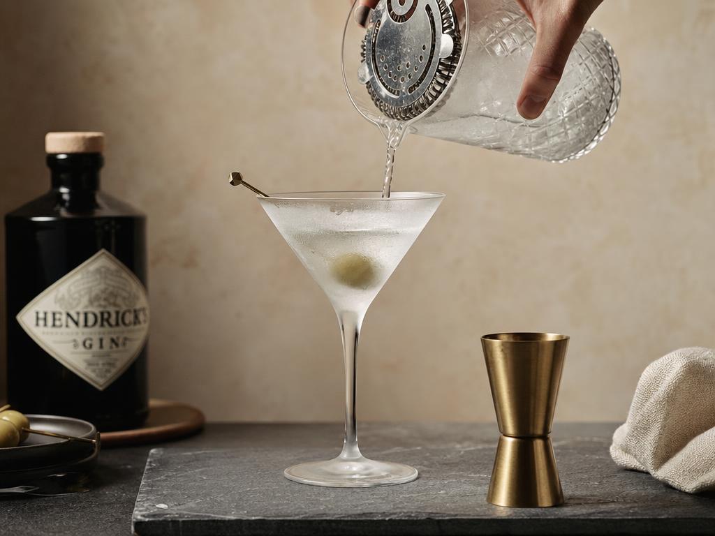 A frosted martini glass being filled from a crystal mixing pitcher