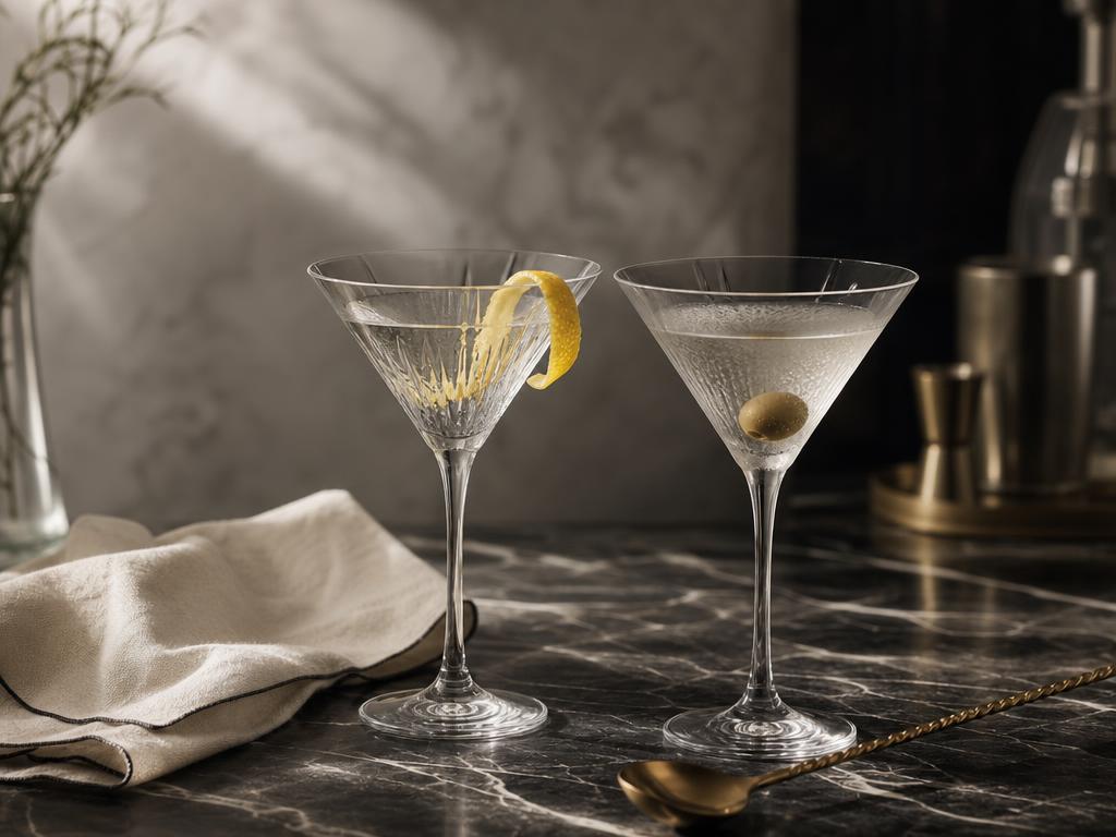 Two crystal martini glasses side by side, one with a lemon twist and one with an olive