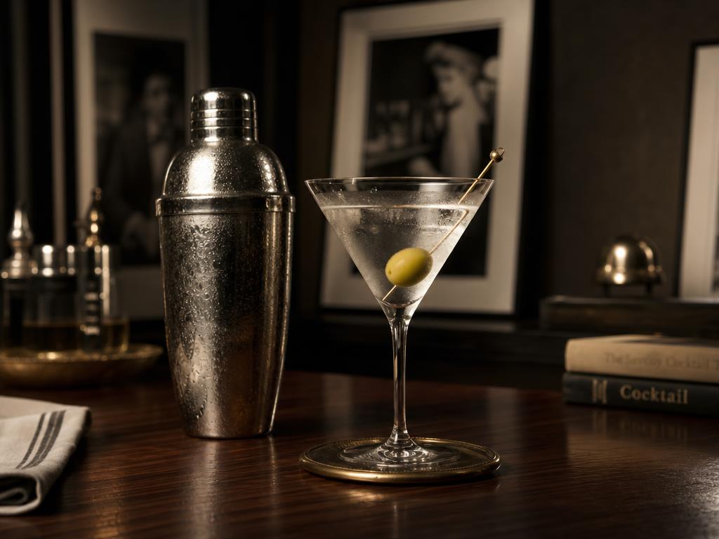A silver cocktail shaker beside a martini glass on a dark walnut bar