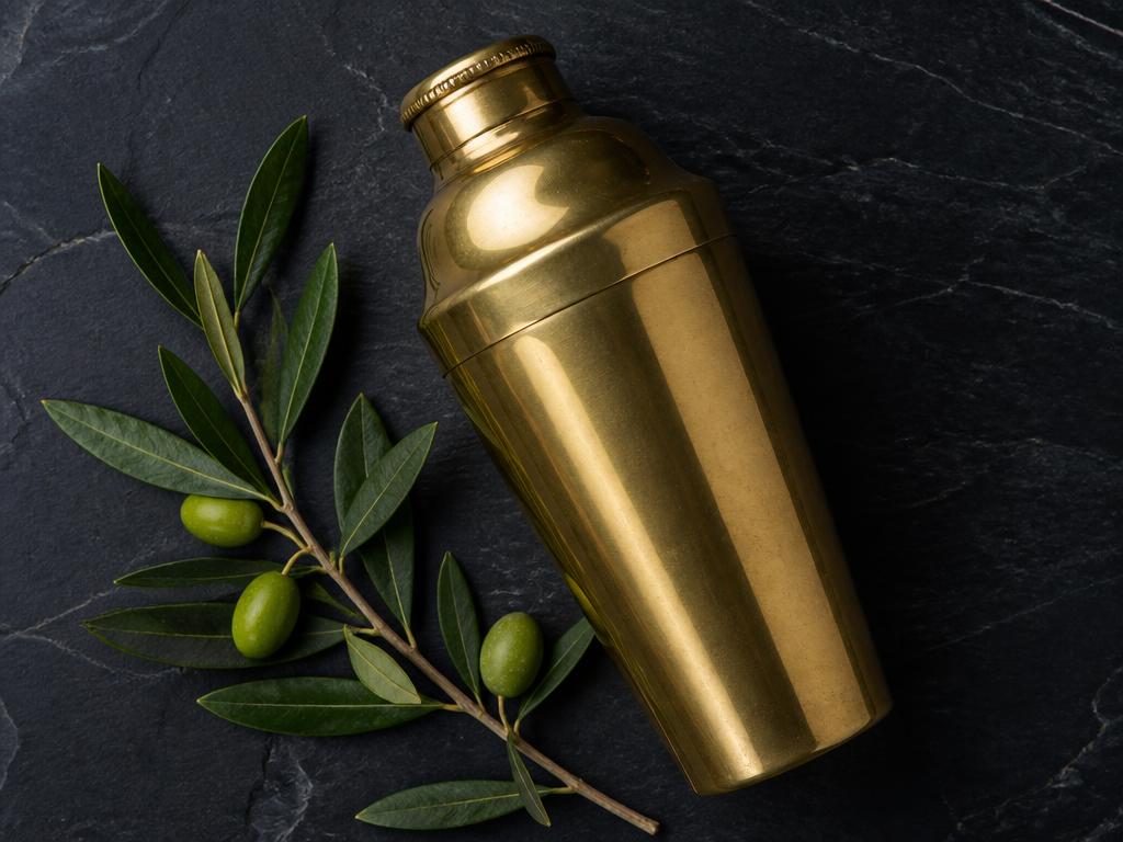A brass cocktail shaker with an olive branch on dark slate
